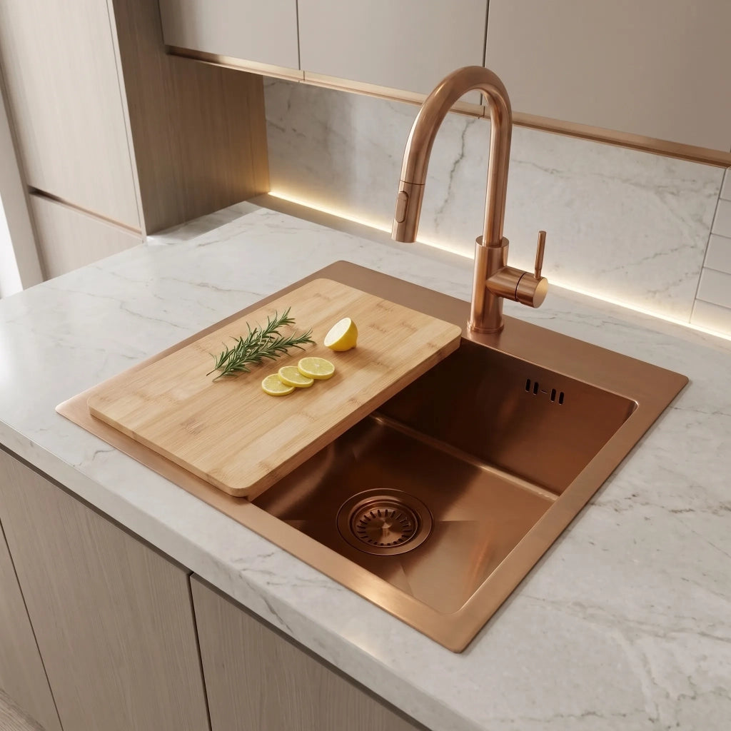 Lavello In Acciaio Con Set Di Accessori 3 Pz. Rea Leo 40 Brush Copper Accessori beige