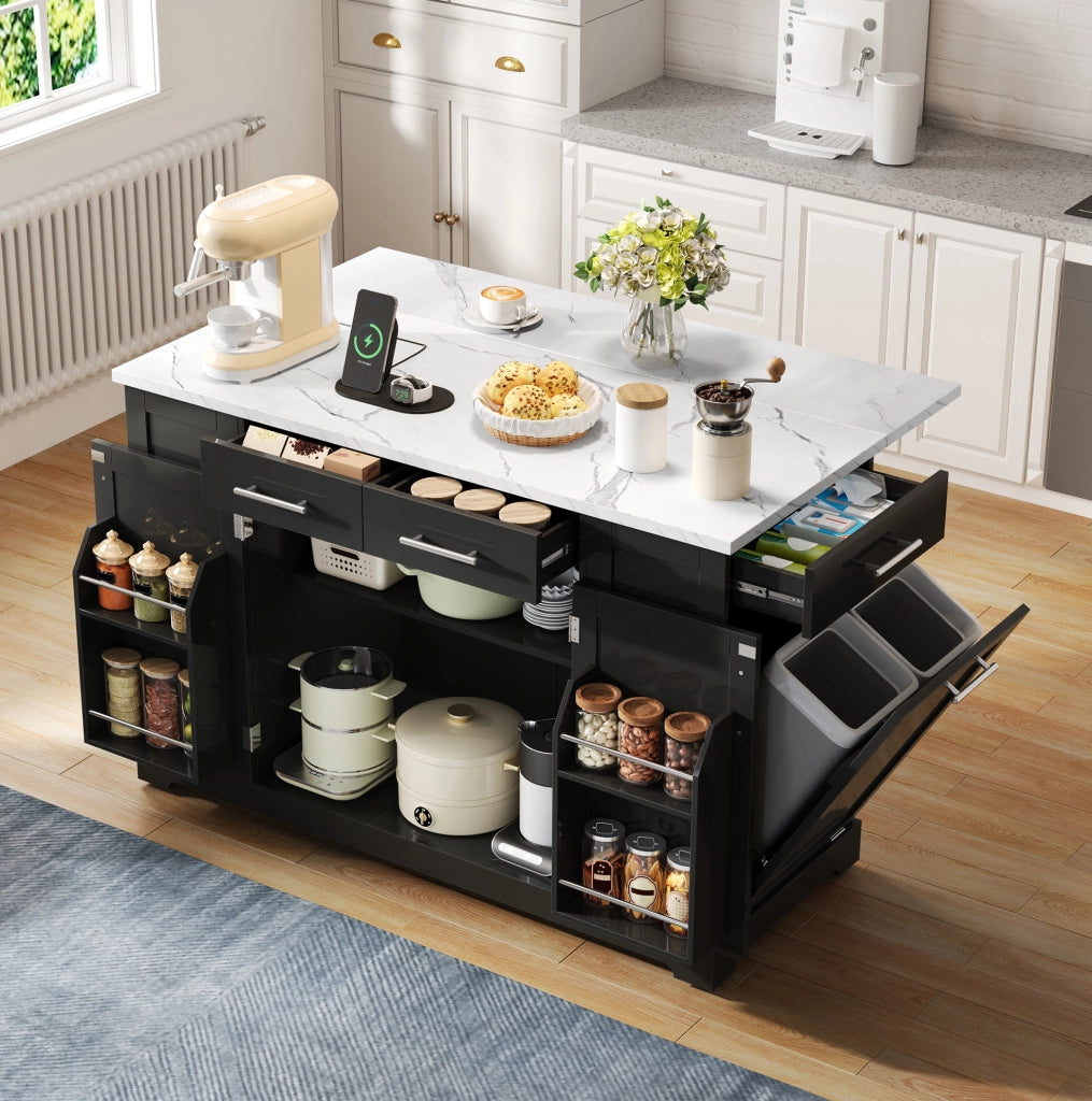 Isola cucina 138 cm con piano ribaltabile; ruote silenziose; presa EU; finitura nera