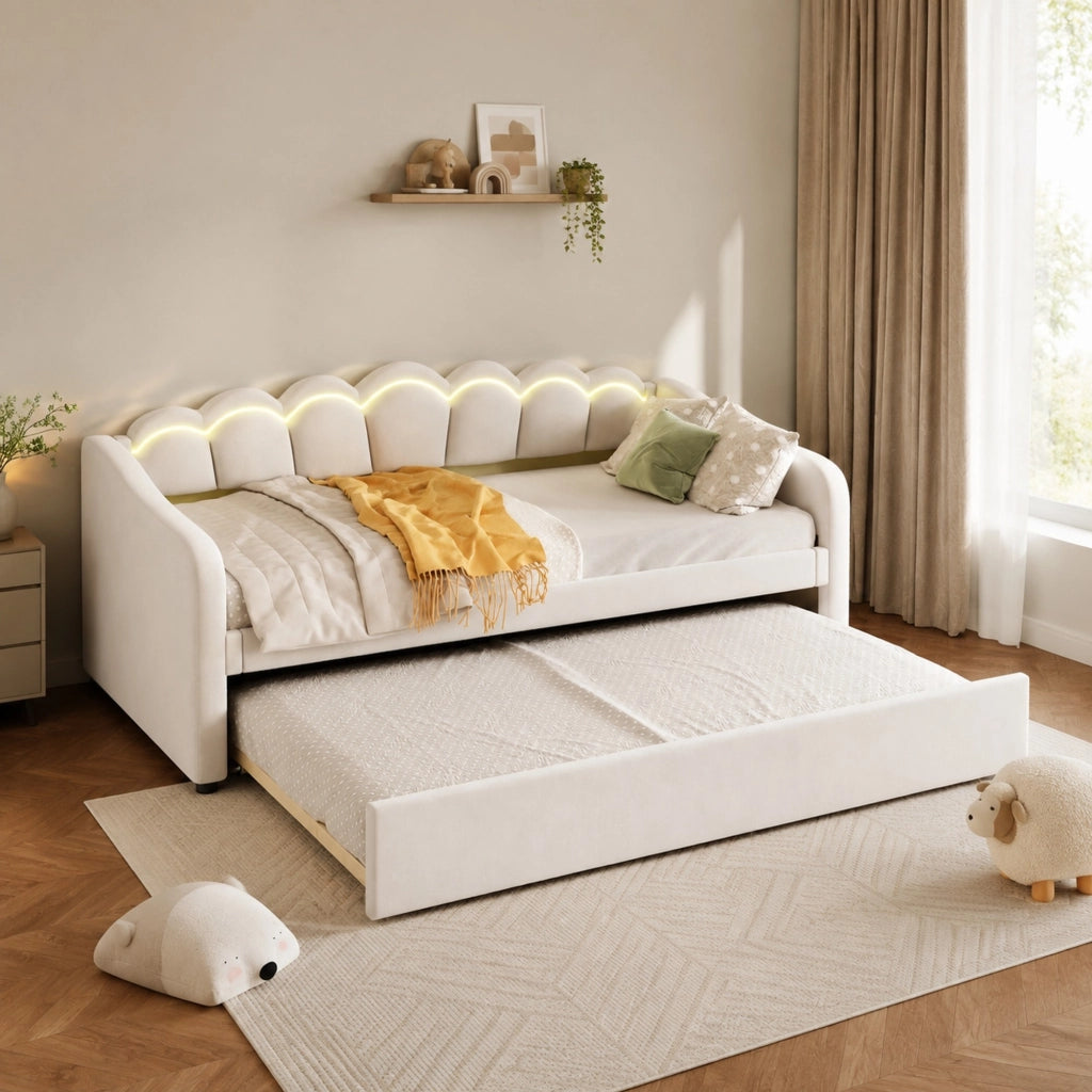Letto singolo 90x200 cm in velluto beige con letto estraibile, LED ambiente, senza materasso