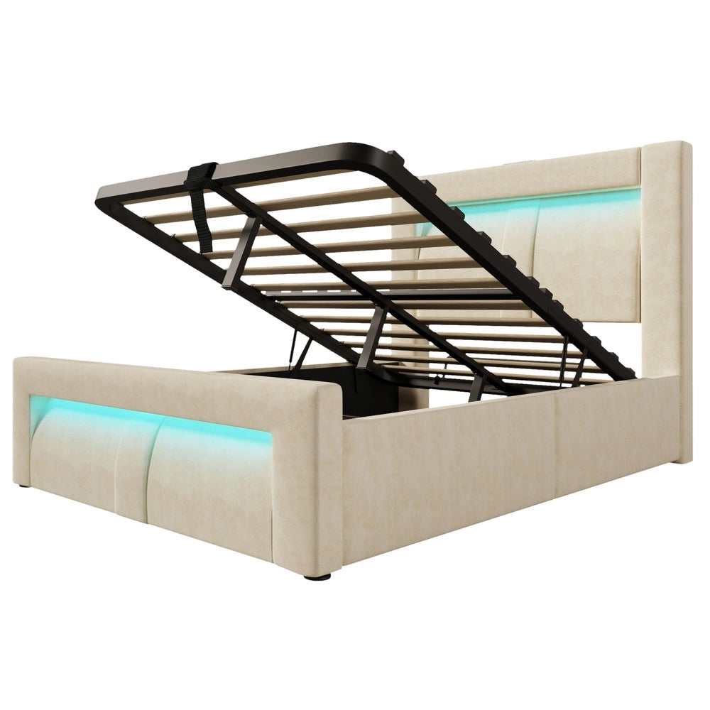 Letto Singolo Contenitore con LED ¨C MINIMAL ¨C Velluto Beige, Testiera Curva, USB, 90x200
