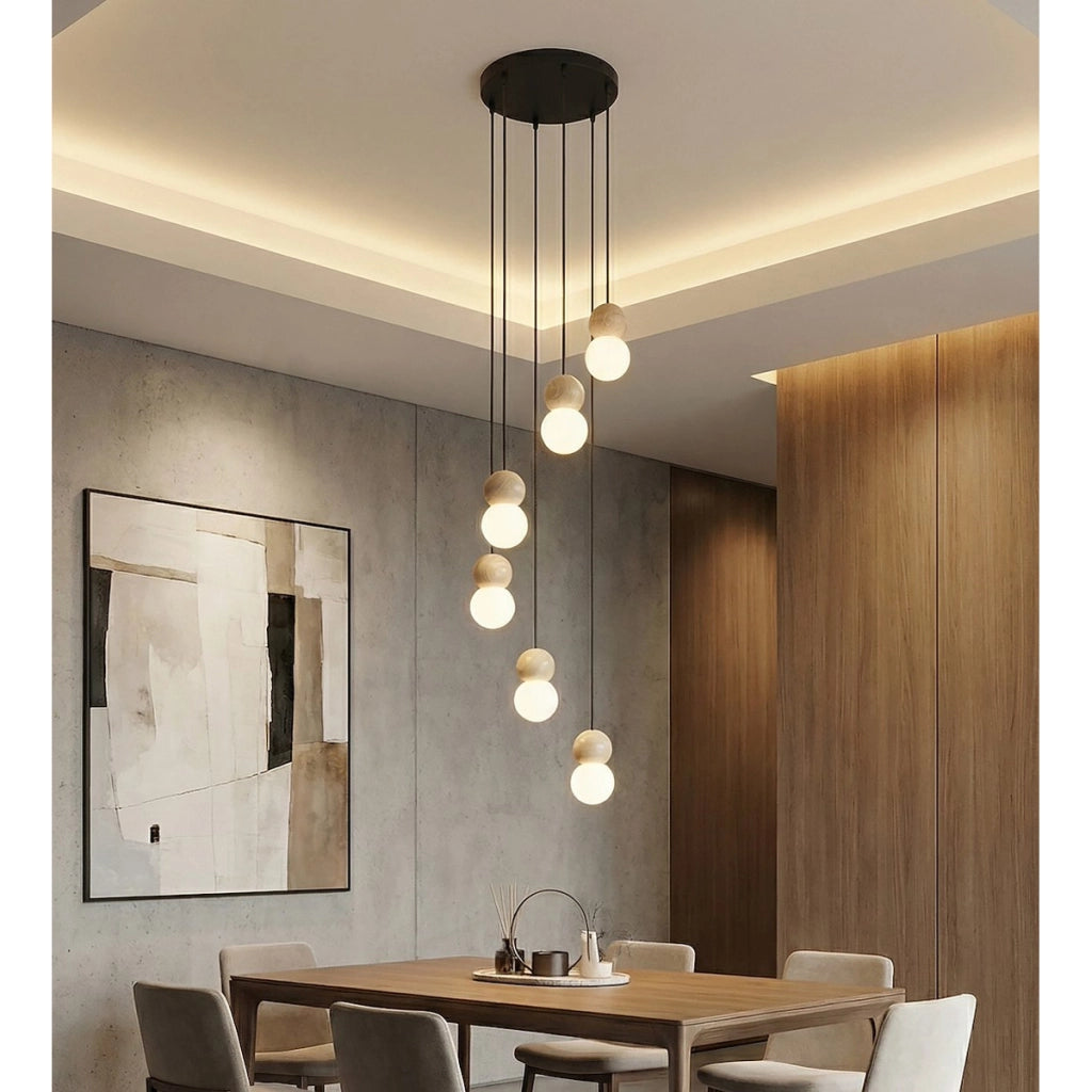 Lampada a sospensione LOOP in acciaio nero e legno naturale