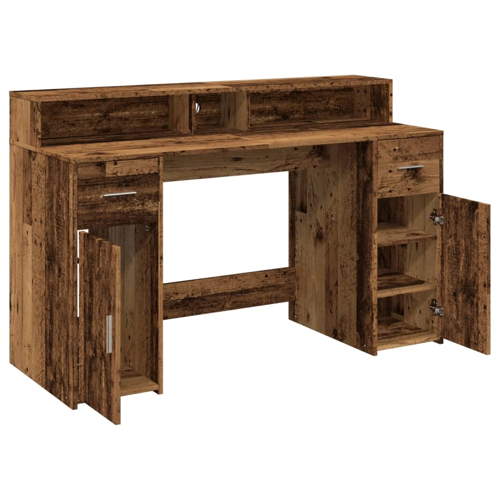 Scrivania tavolo postazione di lavoro mobile per computer studio con luci a LED legno vecchio legno ingegnerizzato marrone 02_0023435