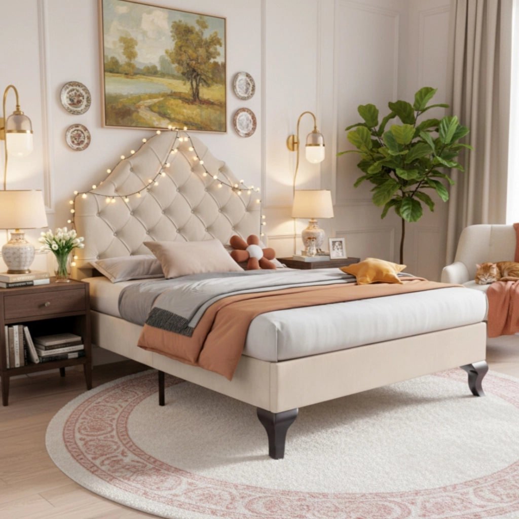 Letto singolo imbottito con rete e testiera regolabile 90x200 cm in velluto beige