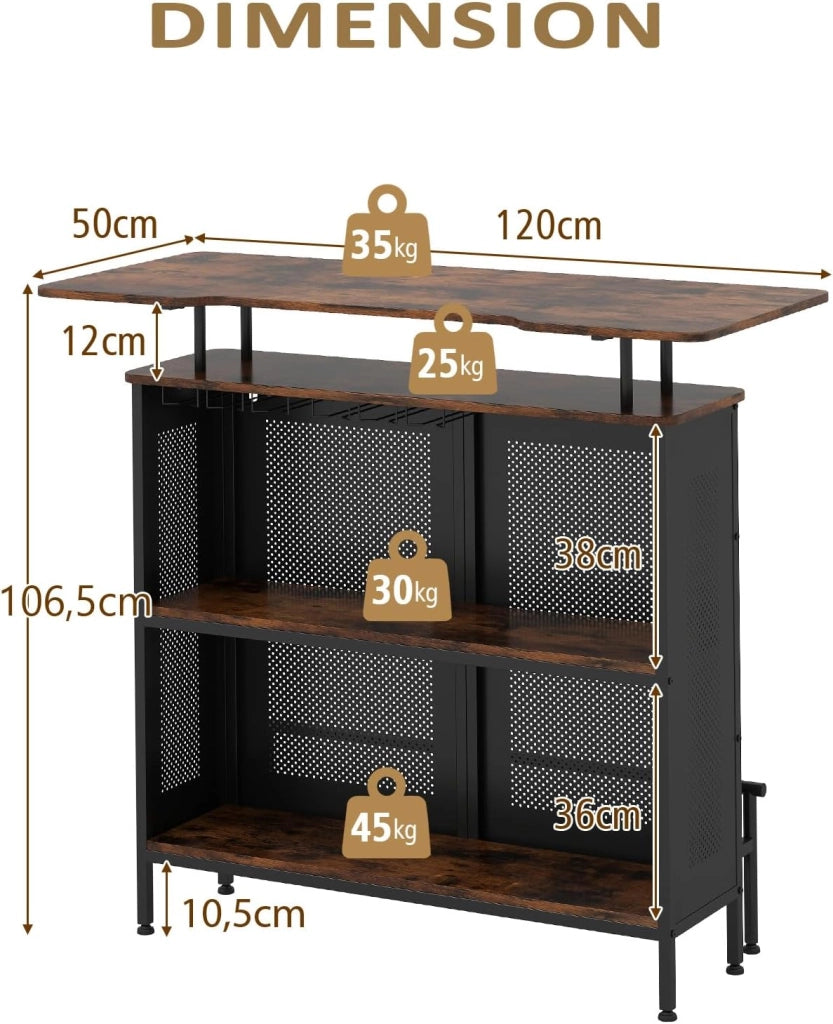 Tavolo da bar con 1 ripiano rialzato e 6 portabicchieri, tavolo da vino a 4 livelli, tavoli per bere cucina, poggiapiedi in stile industriale, nero, 120 x 50 x 106,5 cm (rif. 2.0)
