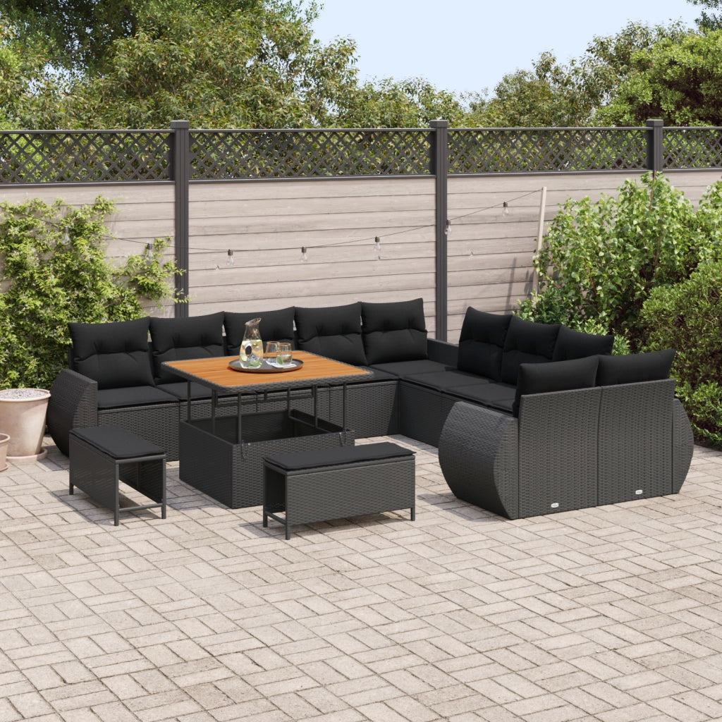 Set di divano da giardino a 13 pezzi con cuscini Nero Polyrattan Acacia