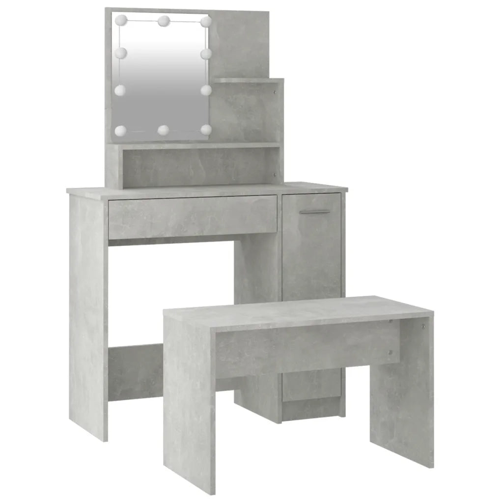 Set Tavolo da Toeletta | Tavolo da Trucco Grigio Cemento con LED Legno Multistrato
