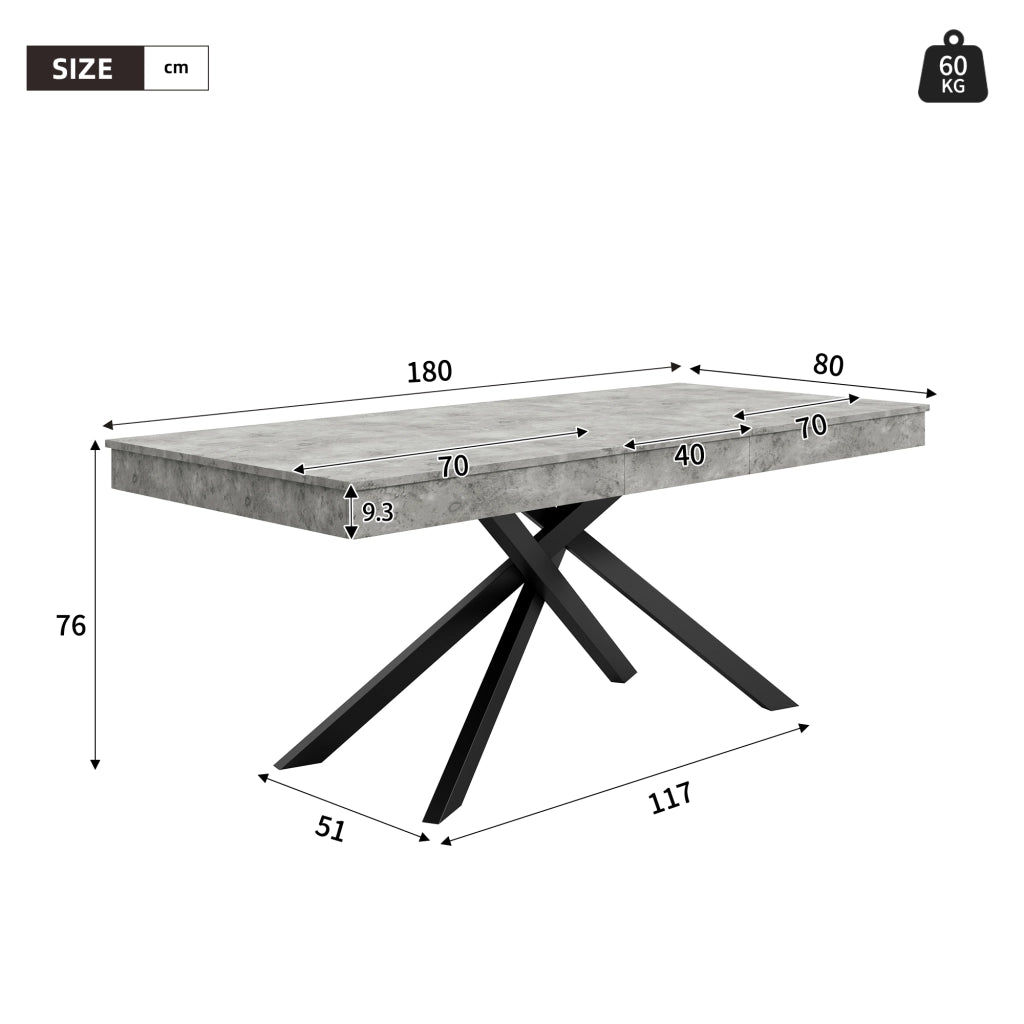 Tavolo da pranzo allungabile con piano da 93 mm, gambe incrociate, per sala da pranzo, cucina e soggiorno, grigio