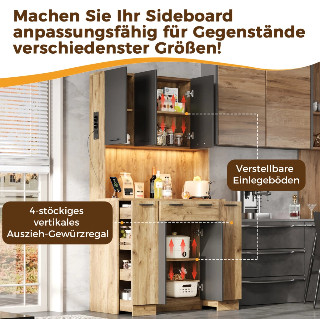Credenza alta da cucina con LED RGB, prese e ripiani estraibili
