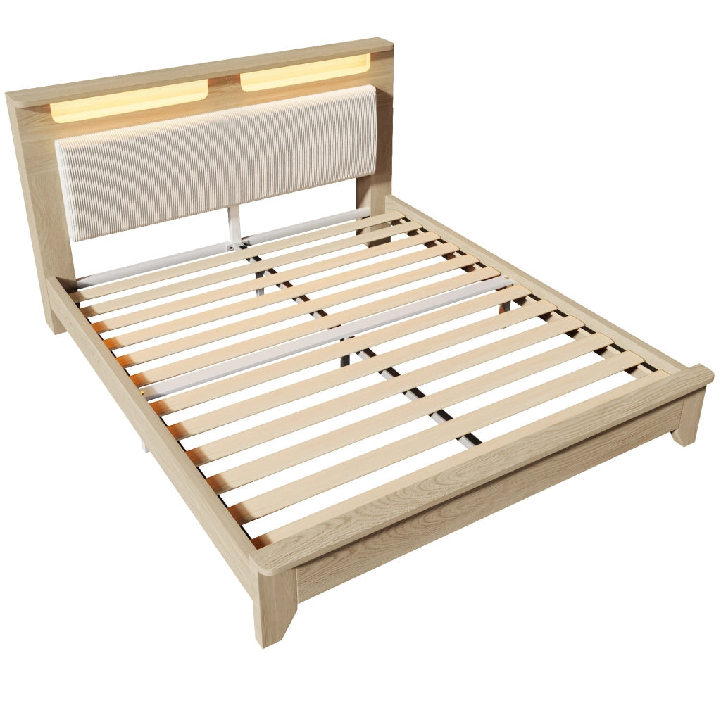 Letto matrimoniale 160x200 cm con LED; testiera con vano contenitore e rivestimento beige