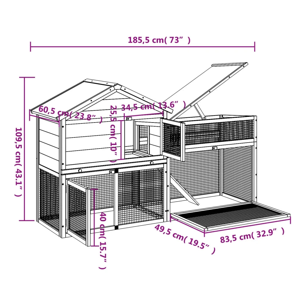 vidaXL Conigliera Moka 185,5x60,5x109,5 cm in Legno Massello di Pino