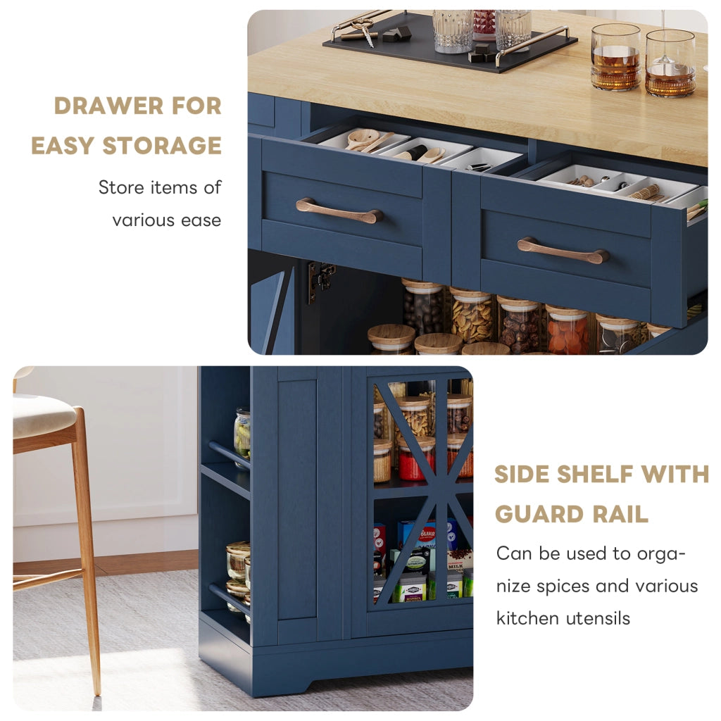 Carrello isola cucina con piano estensibile, prese AC e USB, ante in vetro, ruote con freno, 120x40(65)x92 cm