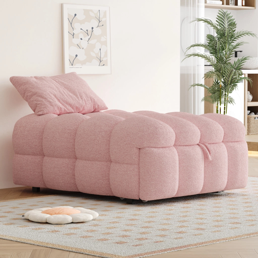 Divano Letto 1 Posto Convertibile 2 in 1 con Poggiapiedi; Rivestimento Teddy; Struttura Metallo Legno; Rosa