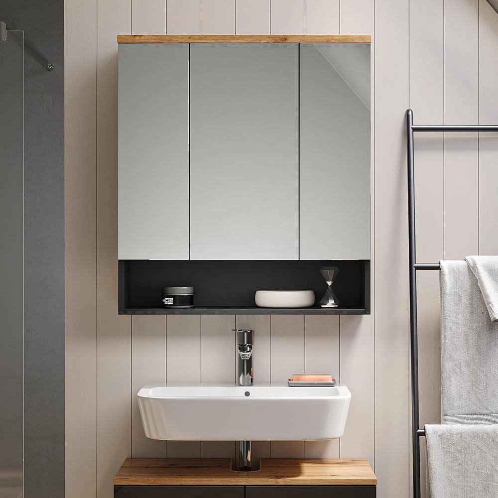 Specchio contenitore bagno Eden, Antracite, 70 x 77.5 cm, per montaggio a parete con suddivisione interna variabile