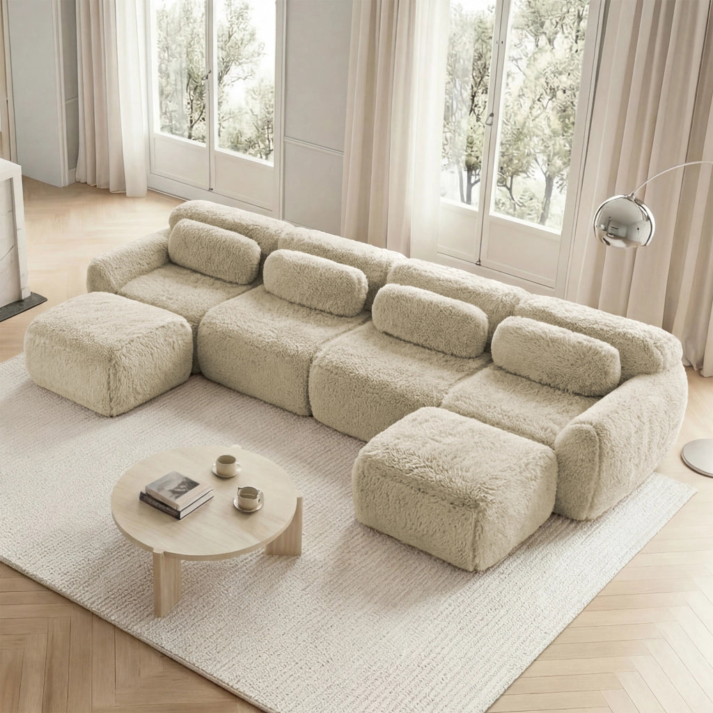 Divano Modulare A U 4 Posti senza Montaggio con Cuscini Comfort Nuvola Base Antiscivolo in Peluche Cachi Chiaro