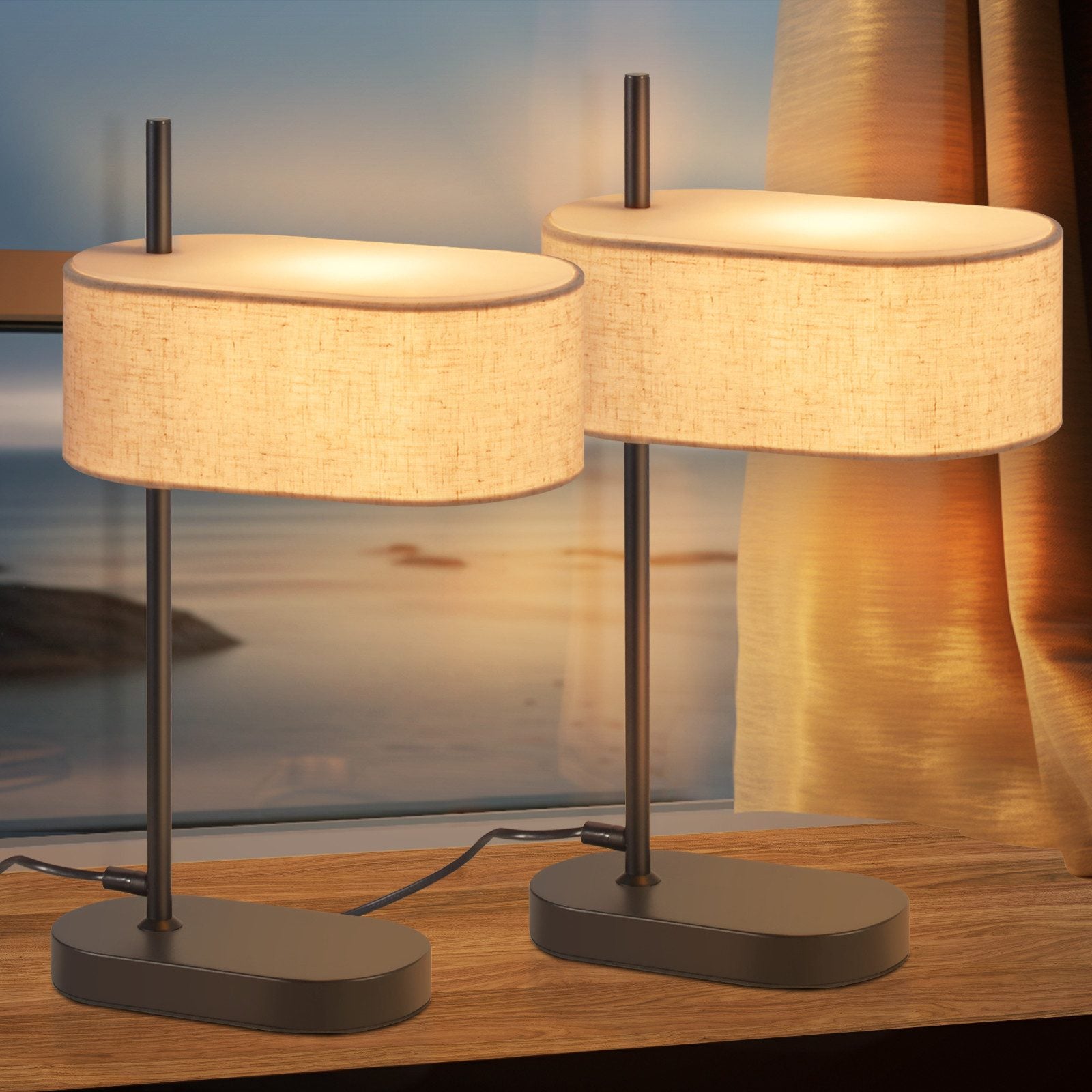 ZMH Lampada da tavolo nera E14 44.5cm paralume lino tessuto per soggiorno comodino