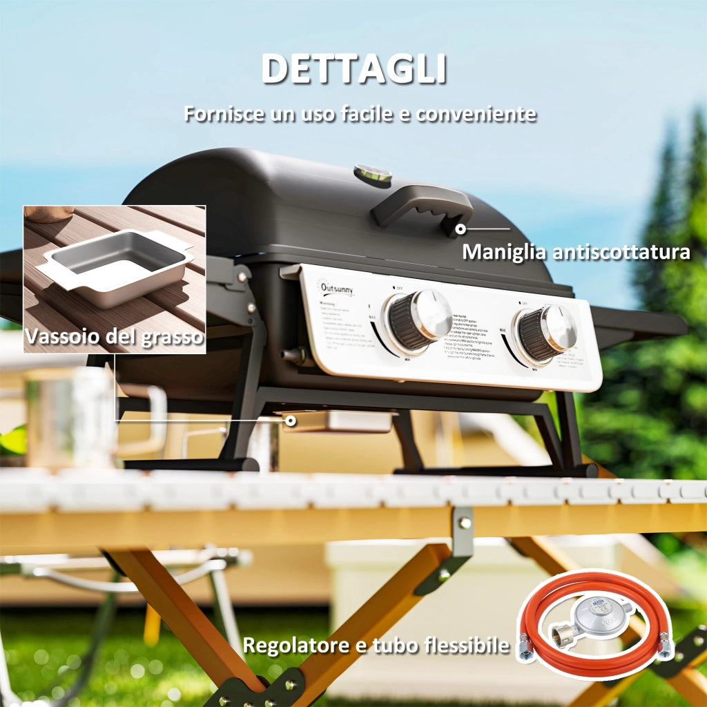 Barbecue a Gas Portatile ¨C Zephmum ¨C 2 Bruciatori, Coperchio con Termometro, Nero