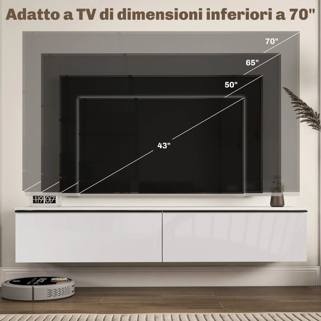 Mobile TV Sospeso con Ante a Ribalta e Armadietti ¨C Zephmum ¨C Bianco Lucido 160x35x30 cm