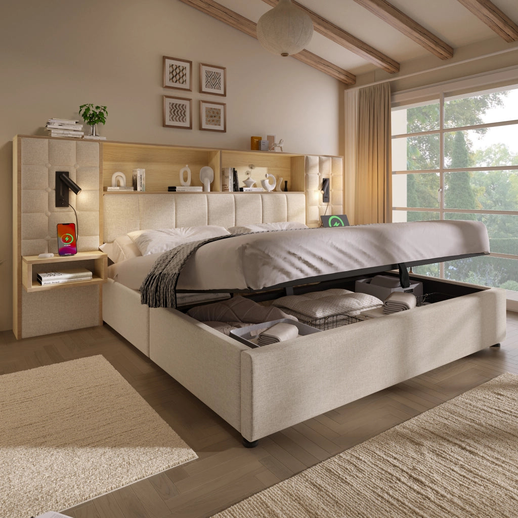 Letto matrimoniale contenitore 160 × 200 cm con 2 comodini, USB, Type-C, 2 lampade da lettura, senza materasso