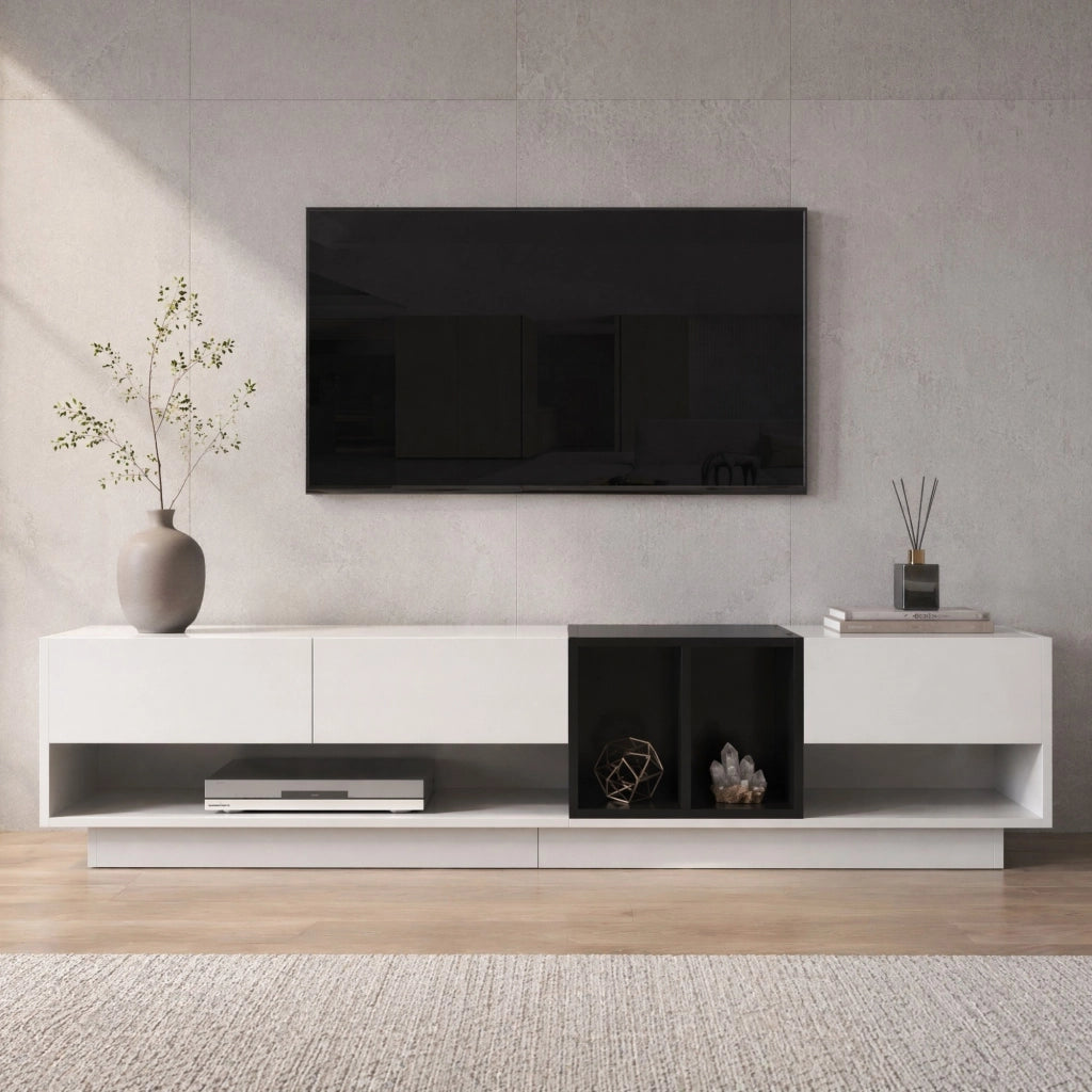 MOBILE TV 190x40x42 cm Bianco e Nero Lucido in Truciolare con 3 Cassetti