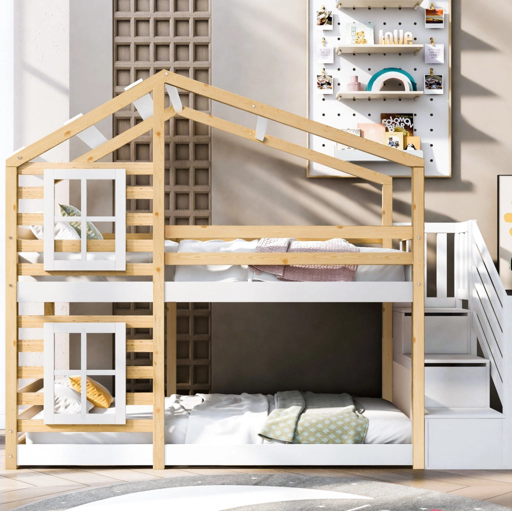 Letto a castello 90x200 cm con contenitore; casetta sull'albero; legno e MDF naturale e bianco