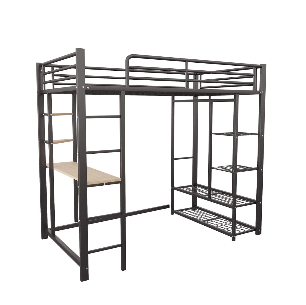 Letto a soppalco singolo 90x200 cm in metallo nero con scrivania; armadietto e scala