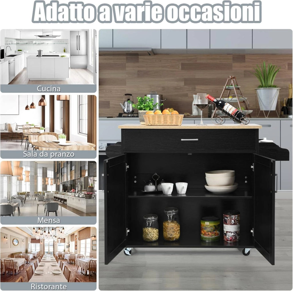 Carrello da Cucina con Ruote di Gomma, Scaffale per Microonde Carrello Servizio, Mobile Cucina con Ripiani e Ante, Credenza Cucina Legno Moderno Elegante, 116 x 37 x 85 cm (Nero)