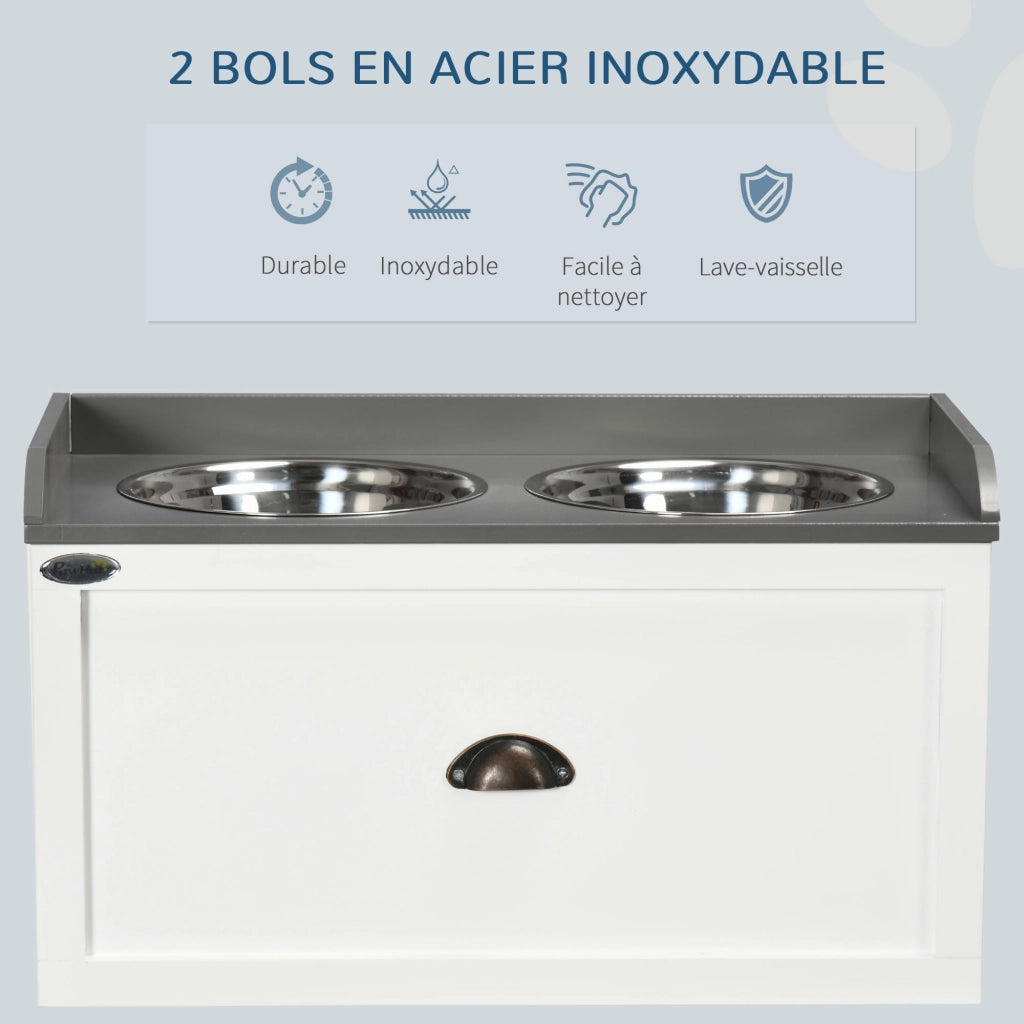 Ciotola Elevata per Cani e Gatti 2 in 1 ¨C zephmum ¨C Bianco Grigio, MDF, Acciaio Inox