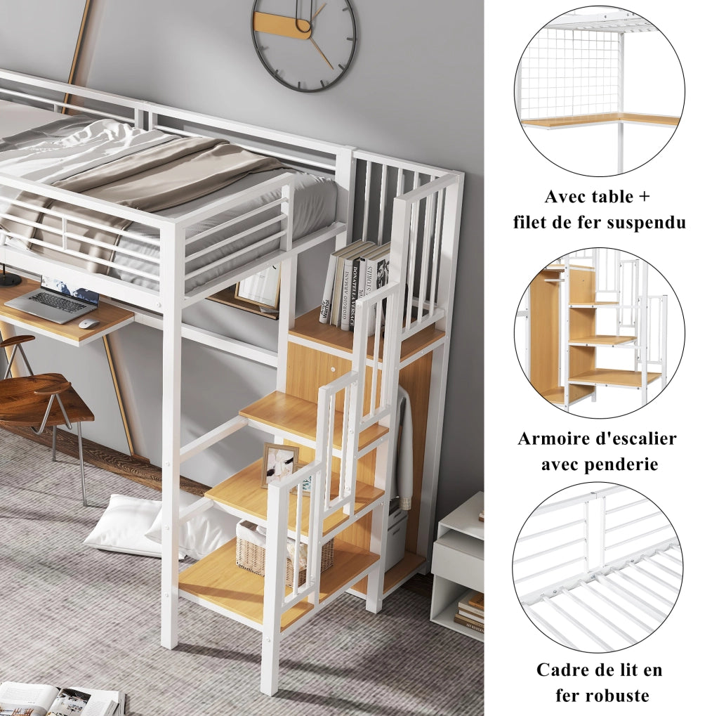 Letto a soppalco 90x200 cm con scrivania e armadio
