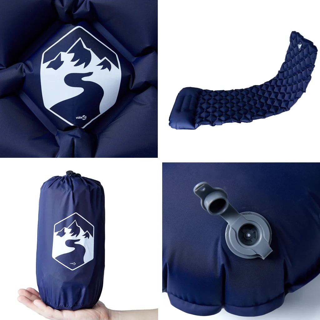 Materasso Campeggio Gonfiabile con Cuscino 1 Persona Blu Marino CFW8184030