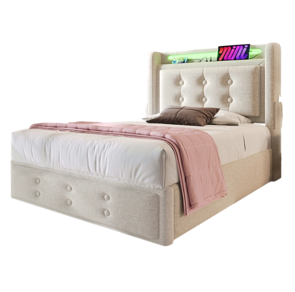 Letto singolo 90x200 cm imbottito in tessuto cotone e lino; con LED; USB e contenitore; beige