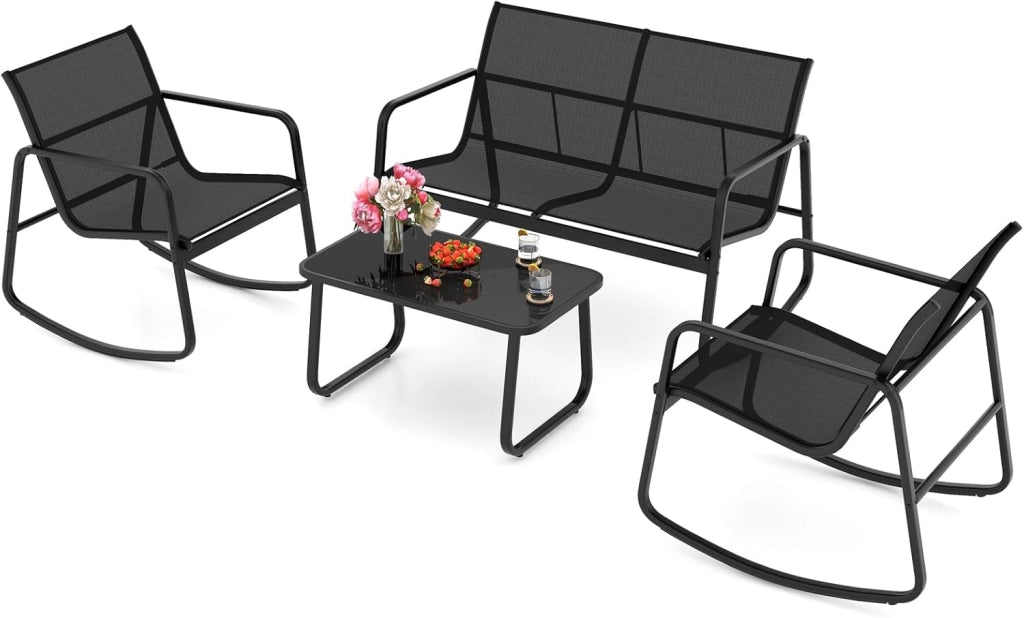 Set da Bistrò in Tessuto Textilene, Set da Giardino in 4 Pezzi, Tavolo Portato 50 kg, 2 Sedie a Dondolo Portate 150 kg, e Divanetto Portato 300 kg, Set Tavolo e Sedie da Esterno (Blu)