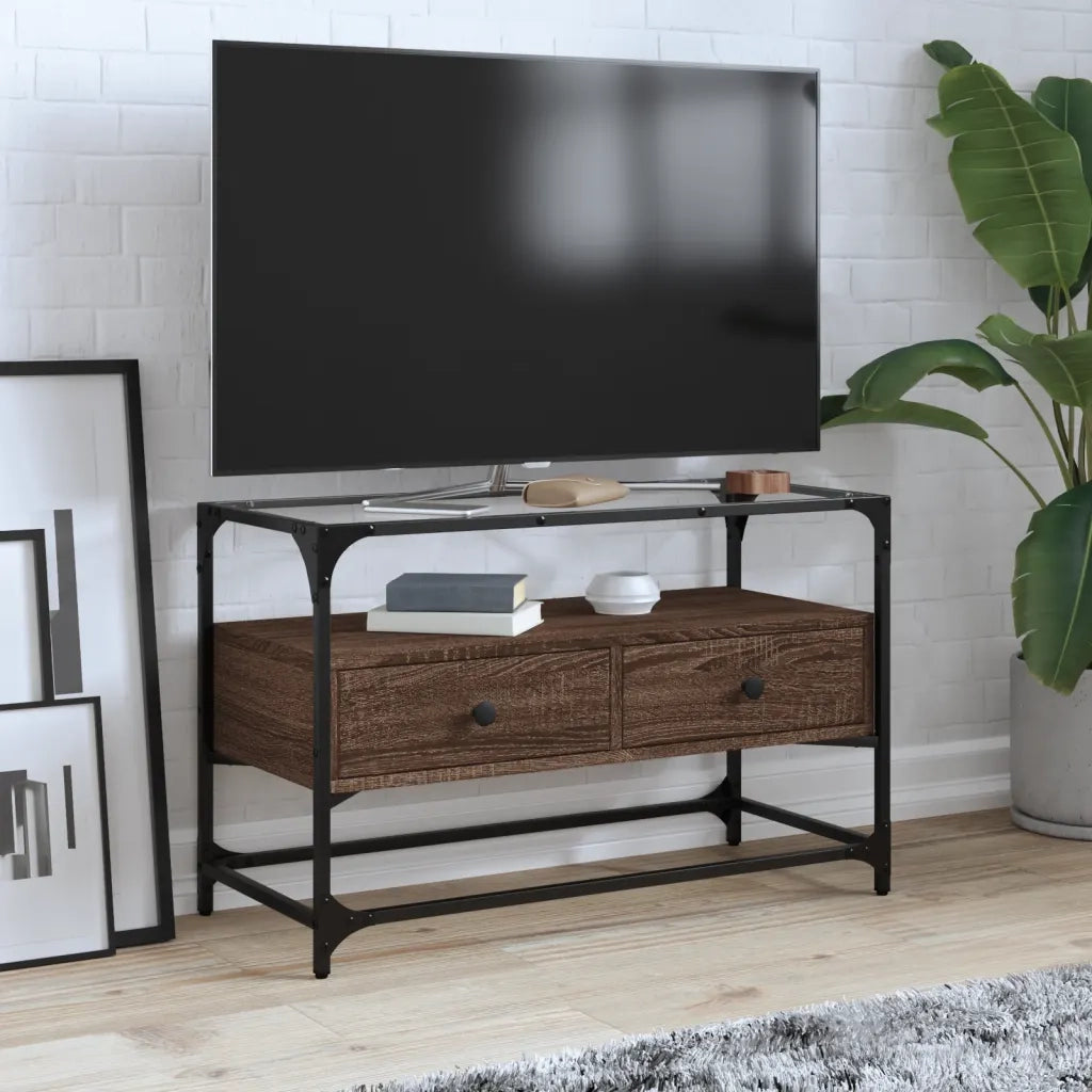 Mobile TV | Armadietto TV | Mobile Porta TV Piano Vetro Rovere Marrone 80x35x51 Legno Multistrato