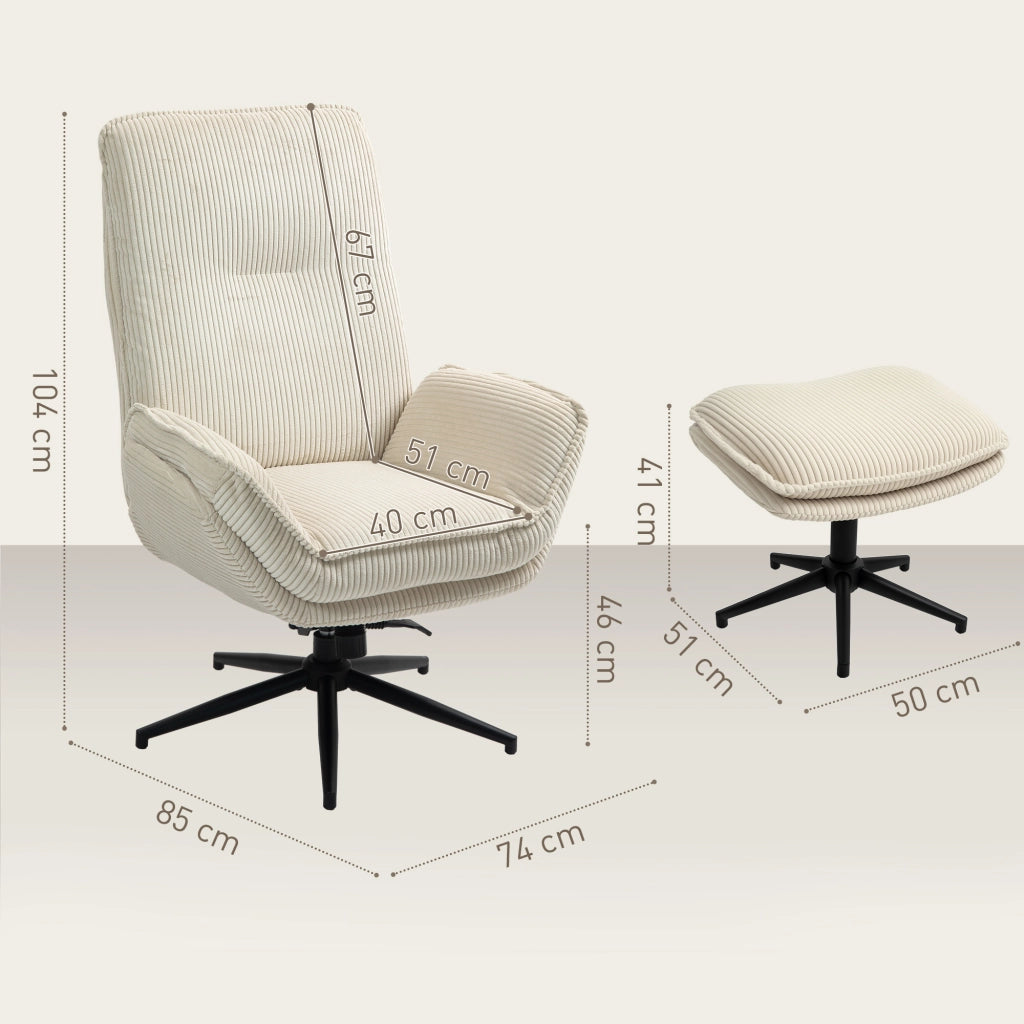 Poltrona relax girevole a 360° con poggiapiedi, schienale reclinabile fino a 130°, in corda beige