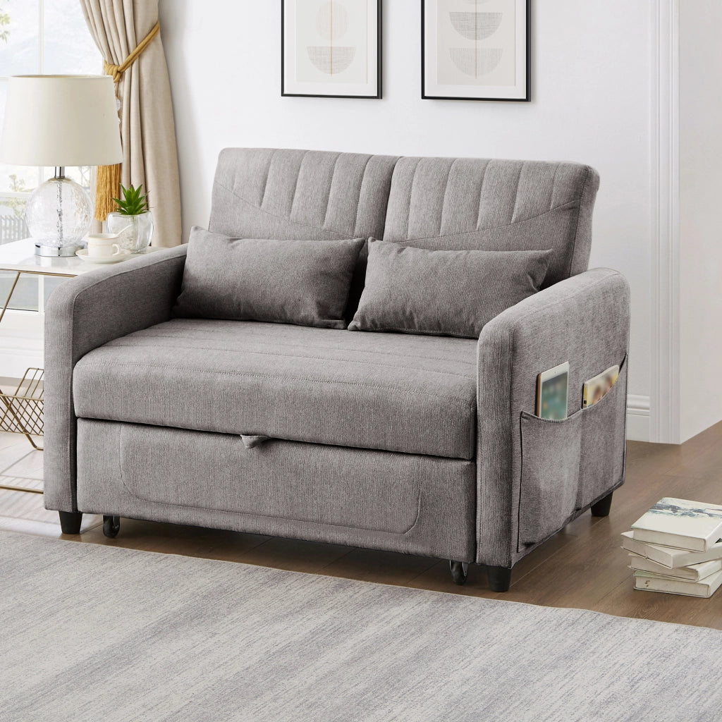 OKWISH Divano Letto 2 Posti, Schienale Regolabile in 3 Posizioni, Design Estraibile con 2 Cuscini, Tessuto Cotone Lino, Grigio