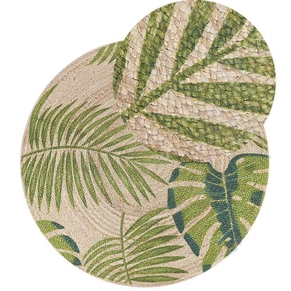 Tappeto in iuta con motivo stampato a foglia di monstera intrecciata verde Boho rustico 140 cm