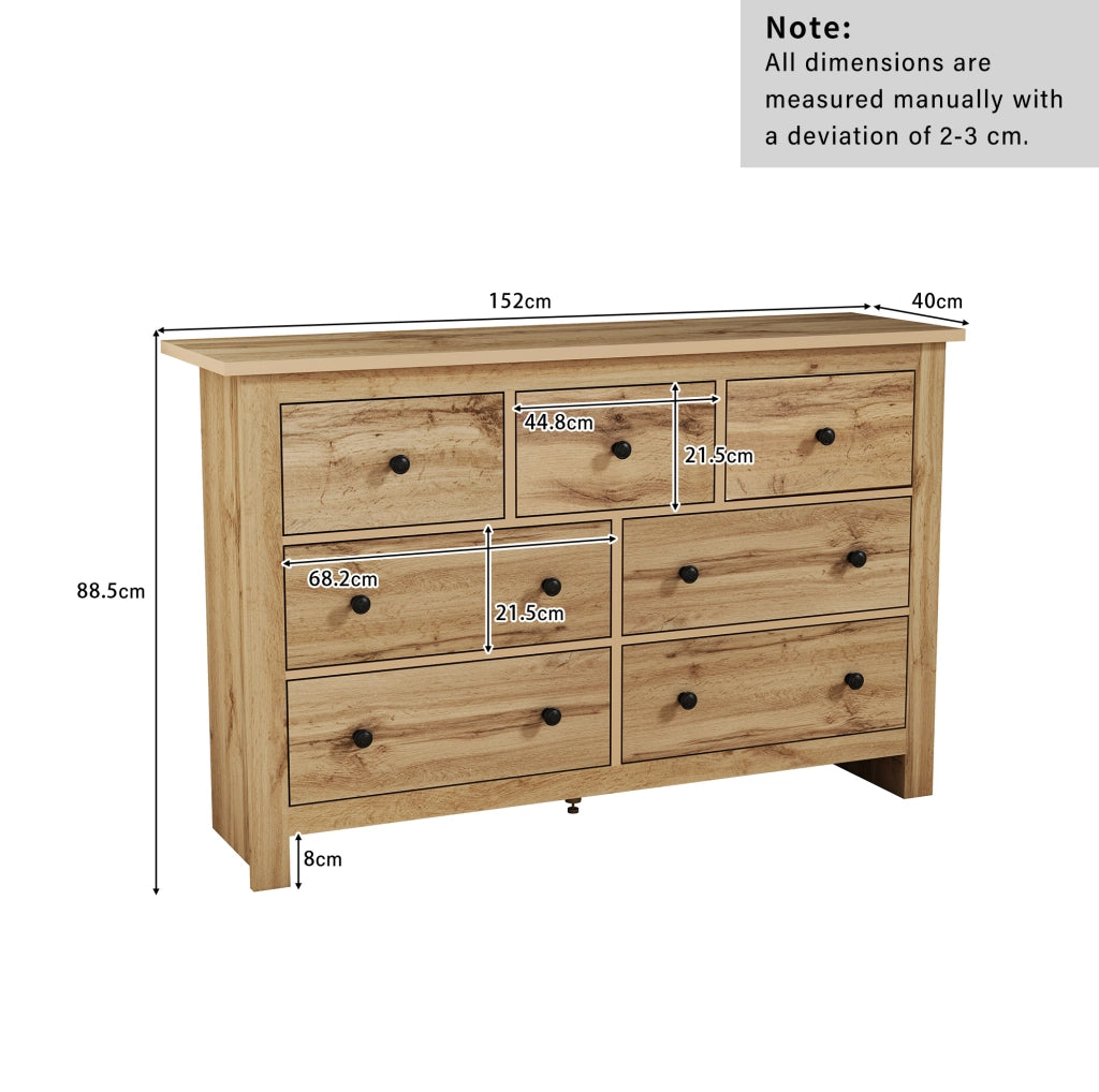Credenza 152x40x88.5 cm con 7 cassetti e guide scorrevoli; truciolare; naturale
