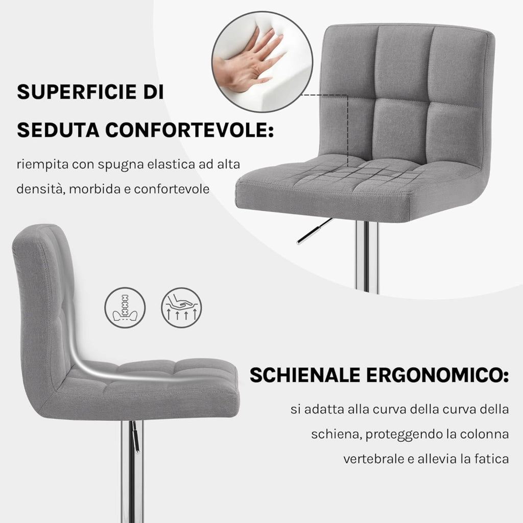 Sgabelli da Bar Sedia Cucina Alta con Schienale Senza Braccioli Girevole Tessuto di Lino/Cromato Grigio Chiaro 2 Pezzi