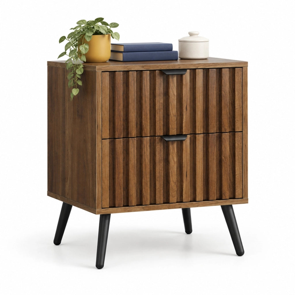 Comodino 45x40x53 cm noce in MDF, 2 cassetti con gambe in metallo