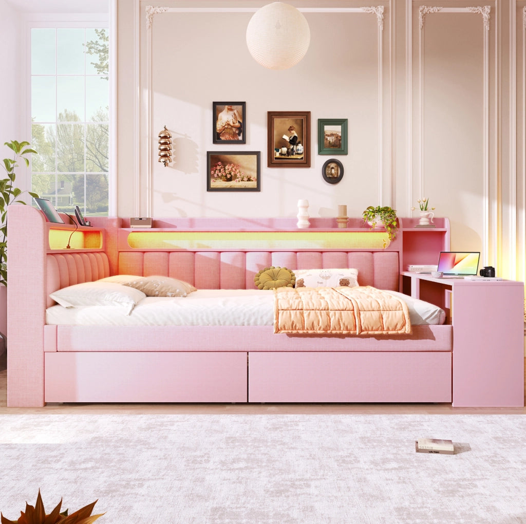 LETTO 140x200 cm Rosa con scrivania, 2 cassetti, USB e LED