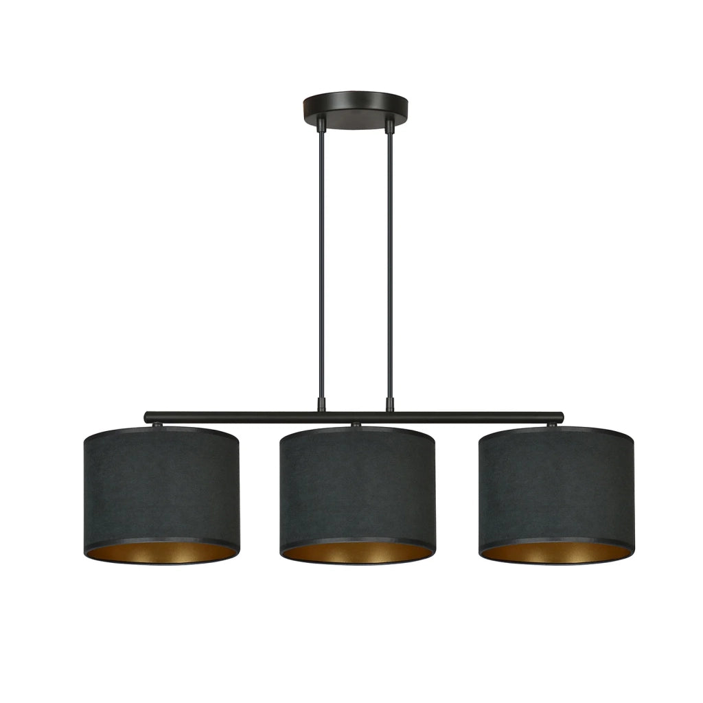 Lampadario 3 Luci Ganesha In Acciaio Nero E Paralumi In Tessuto Nero