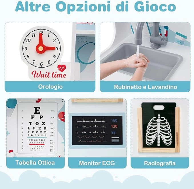 Set da Gioco Dottore in Legno, Centro Medico per Bambini con Orologio, Lavandino, Tabella Oculistica, Monitor ECG, Area Esame e 24 Accessori Giocattolo, 97 × 30,5 × 88 cm (Blu)