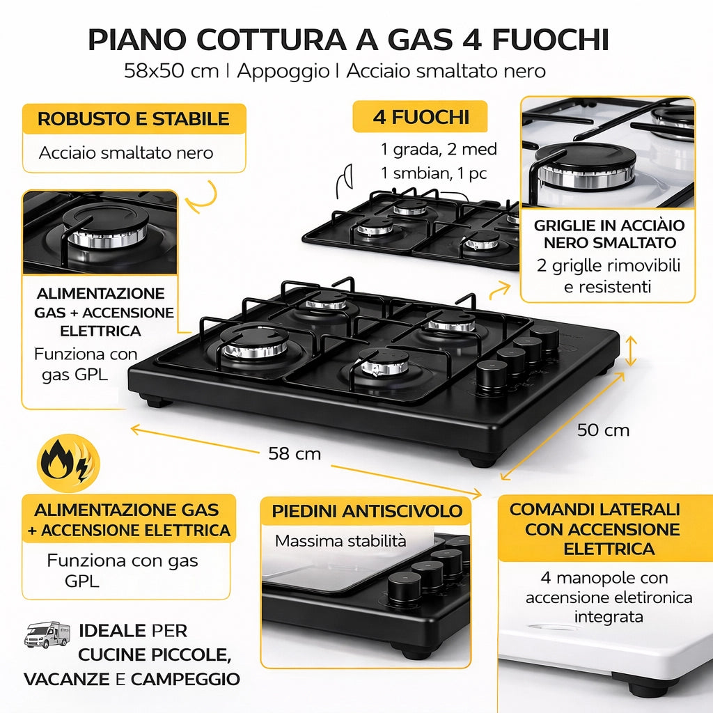Piano Cottura a Gas da Appoggio 4 Fuochi 58x50 cm Accensione Elettrica Nero