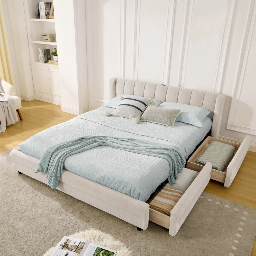 Letto con Cassetti 140x200 cm - 4 Cassetti; USB e Porta di Ricarica di Tipo C - Beige