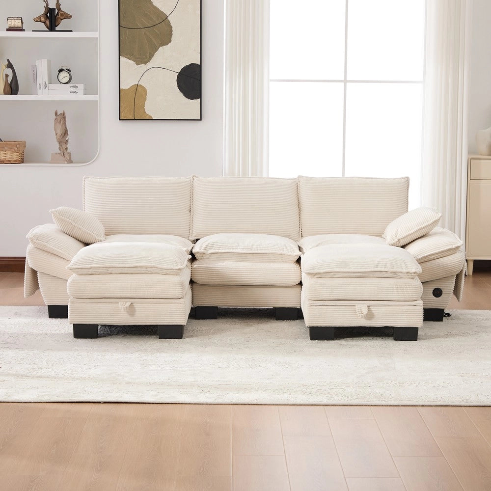 Divano 3 Posti con Poggiapiedi in Tessuto a Coste ¨C Xylo ¨C Beige, Cuscini, USB-C