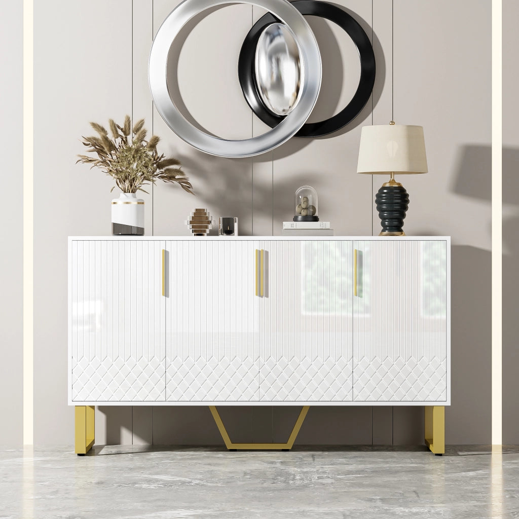 Credenza con 4 Ante; Motivo Geometrico 3D e Piedi in Metallo; Bianco Lucido; in MDF; 140??40??80 cm