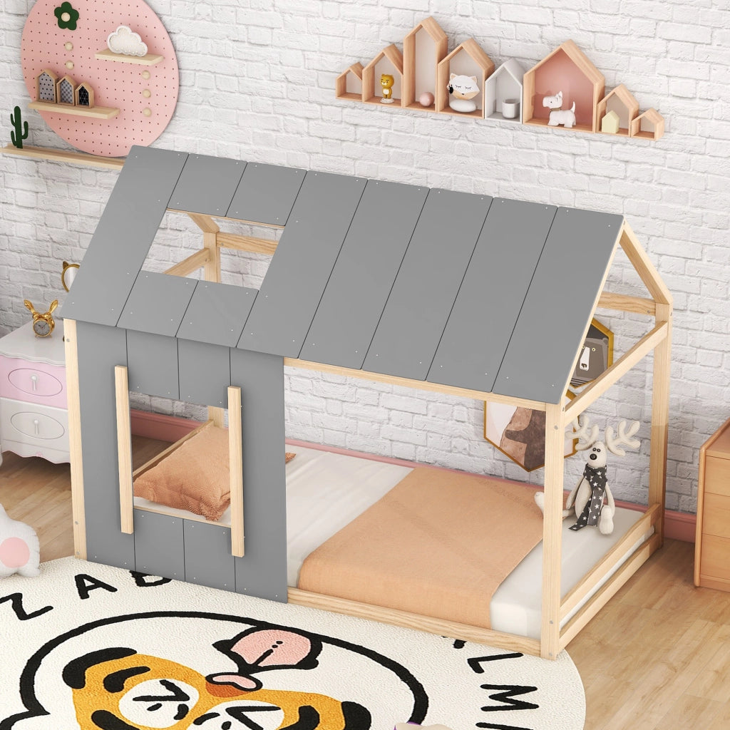 Letto a forma di casa naturale e grigio in pino 90x200 cm