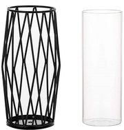 Vaso cilindrico in vetro con supporto metallico per pampas e fiori, decorazione di vasata ispirata allo stile scandinavo per interi nuziali - 22 cm alto, nero