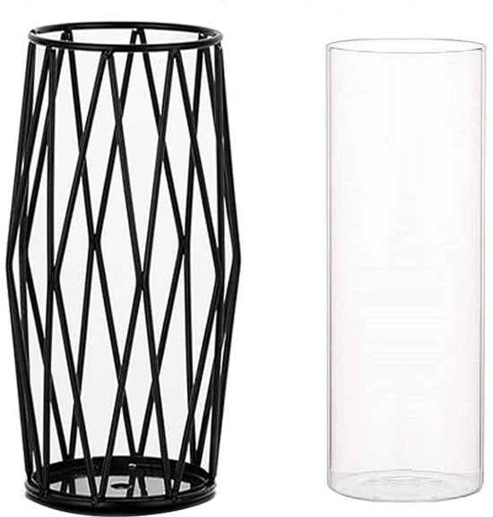 Vaso cilindrico in vetro con supporto metallico per pampas e fiori, decorazione di vasata ispirata allo stile scandinavo per interi nuziali - 22 cm alto, nero