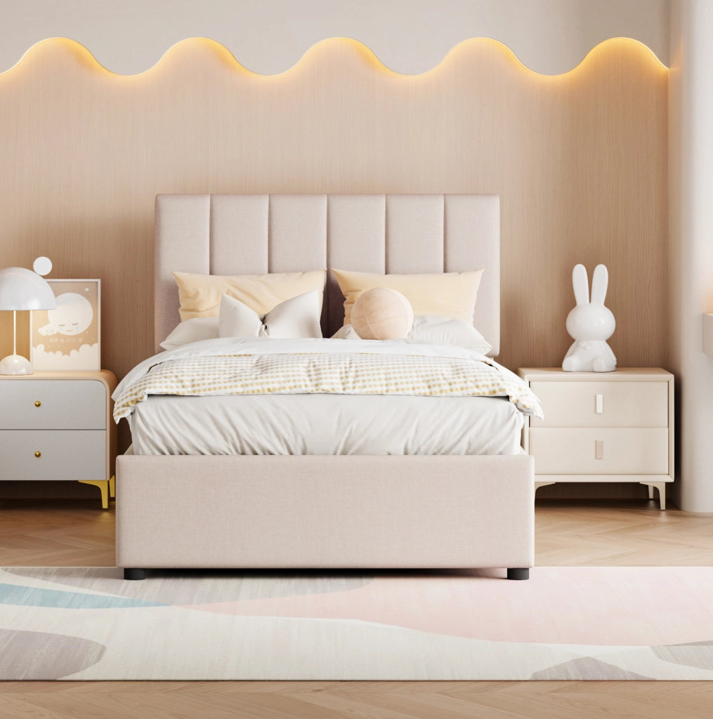 Letto imbottito per bambini 90x200 cm con contenitore idraulico; lino beige