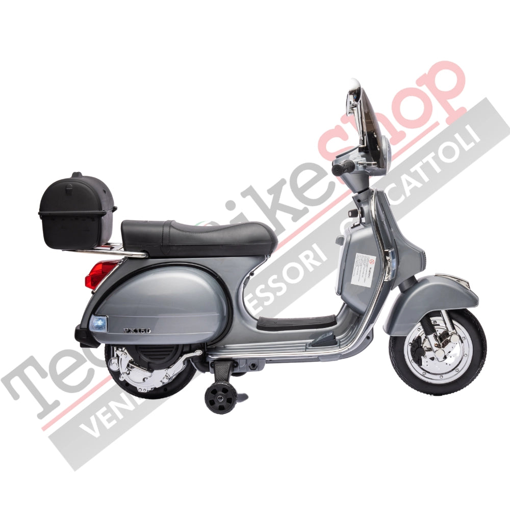 Moto Scooter Elettrico per Bambini Piaggio VESPA PX150 FULL con Parabrezza e Bauletto 12V-Grigio